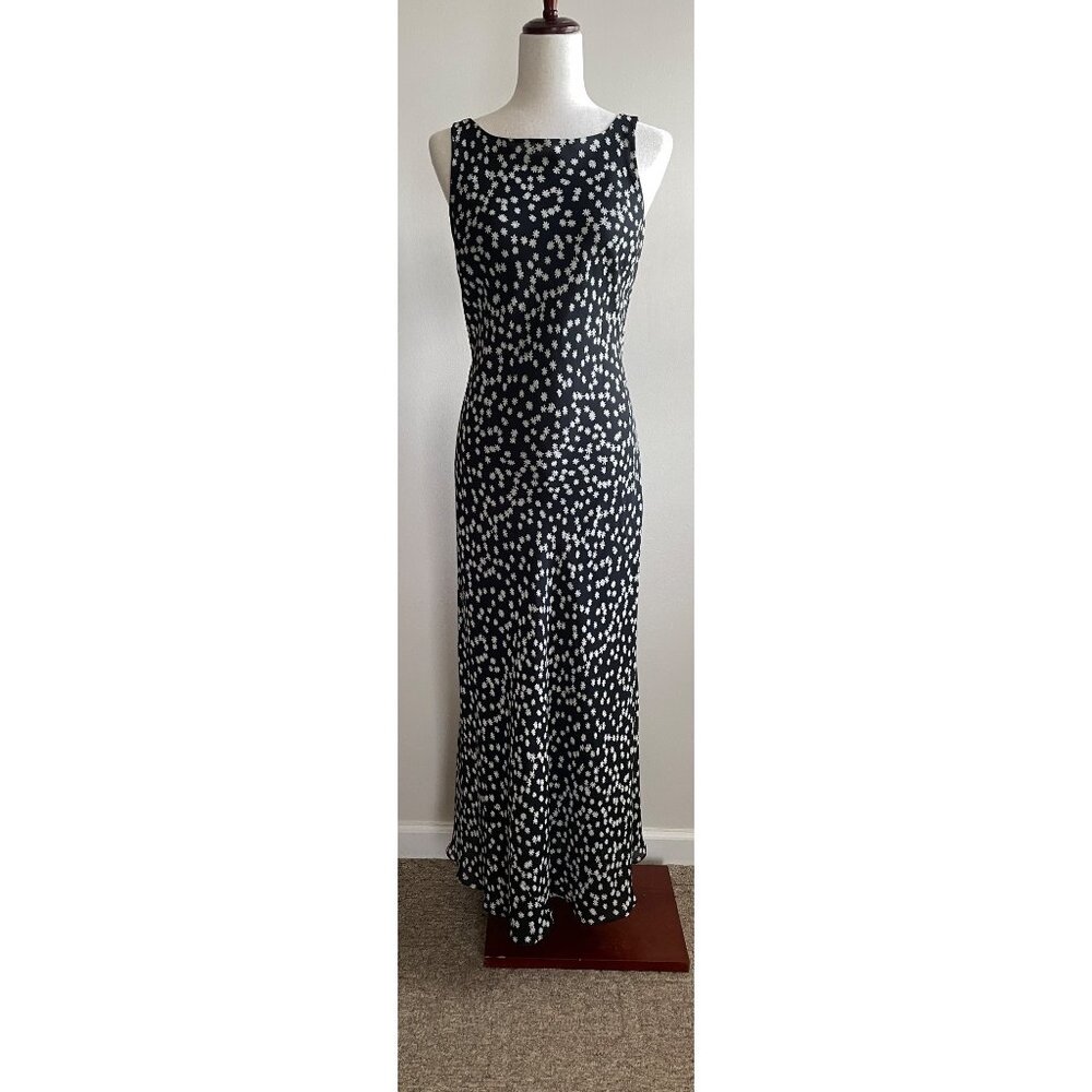 Timoteo Corelli Maxi Dress Womens 8 Black Daisy Print Sleeveless V-Back with Tie